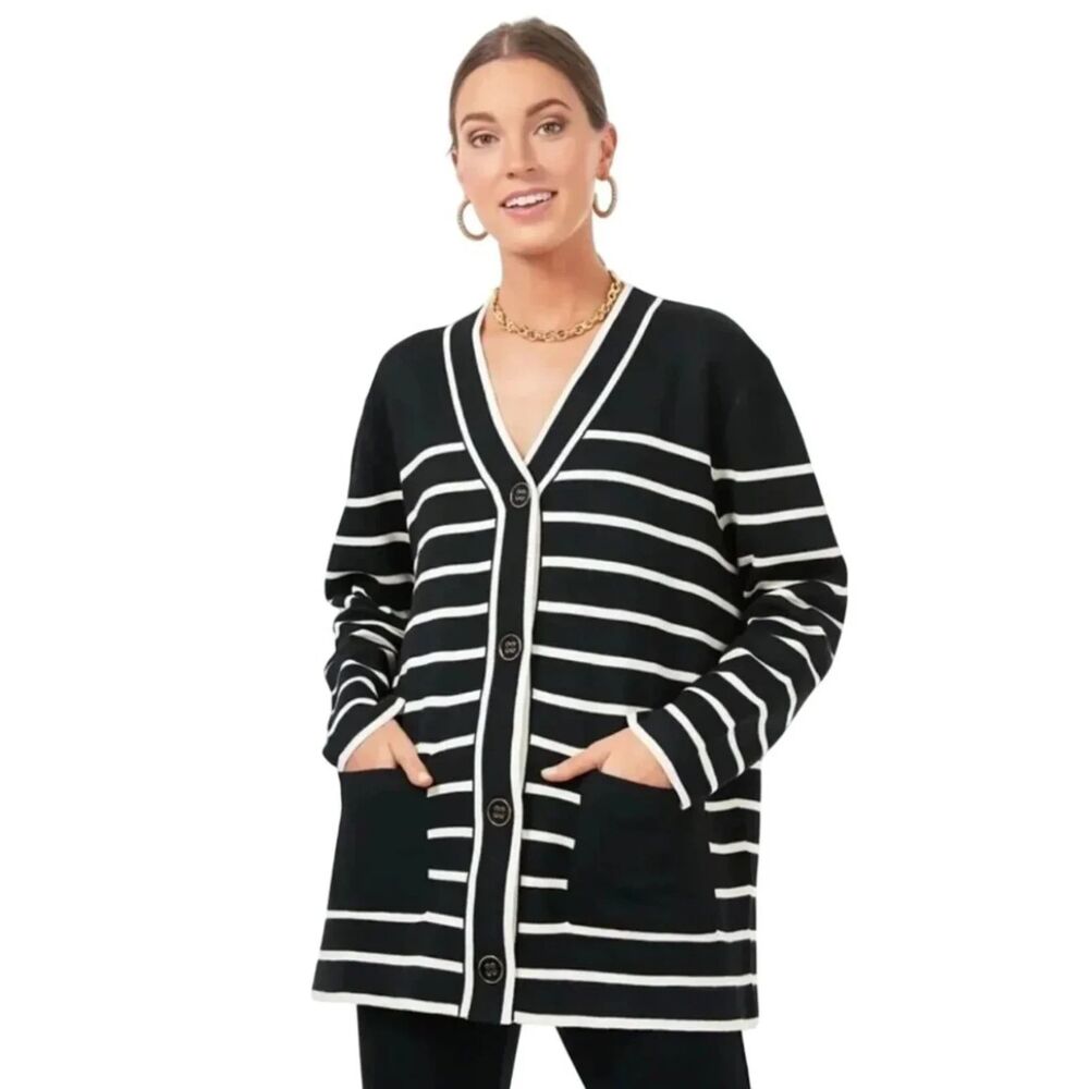 NWT Tuckernuck Lauren Cardigan XS Black White Stripe Oversized Preppy